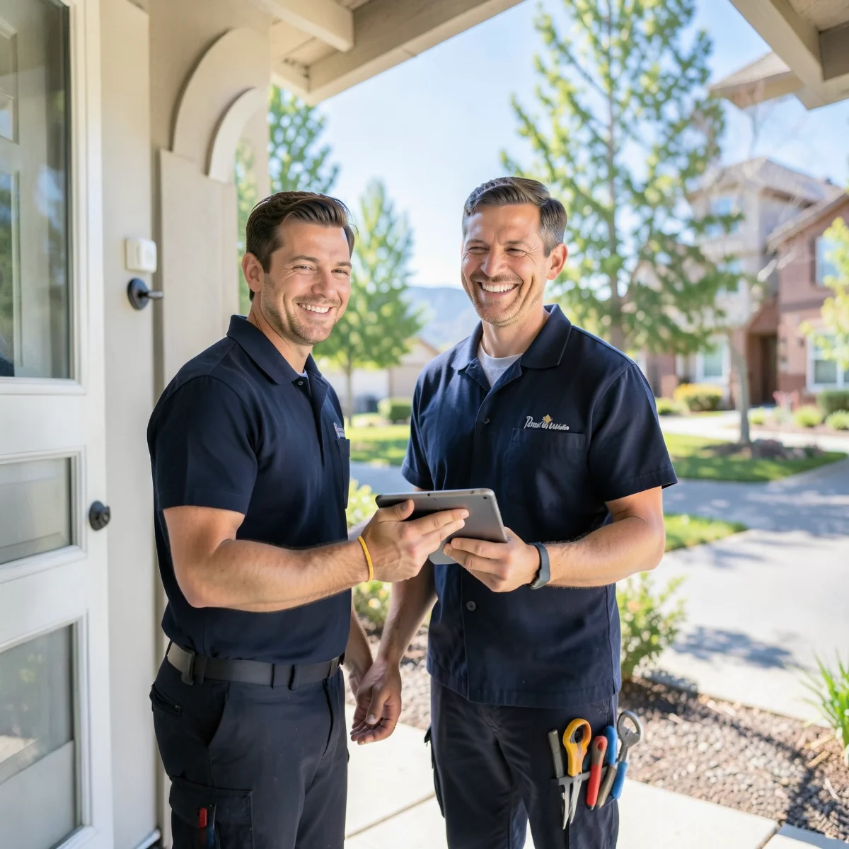 Local plumbing reviews in Arvada, CO — satisfied homeowner greeting a plumber