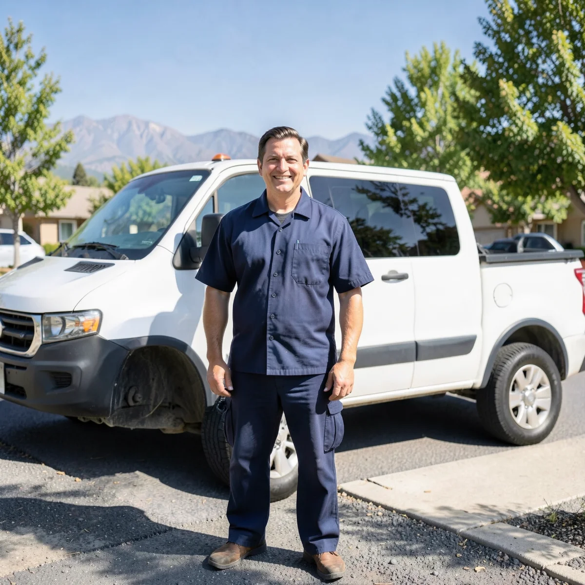 Plumbing services in Arvada, CO — professional plumber beside service van in a residential neighborhood